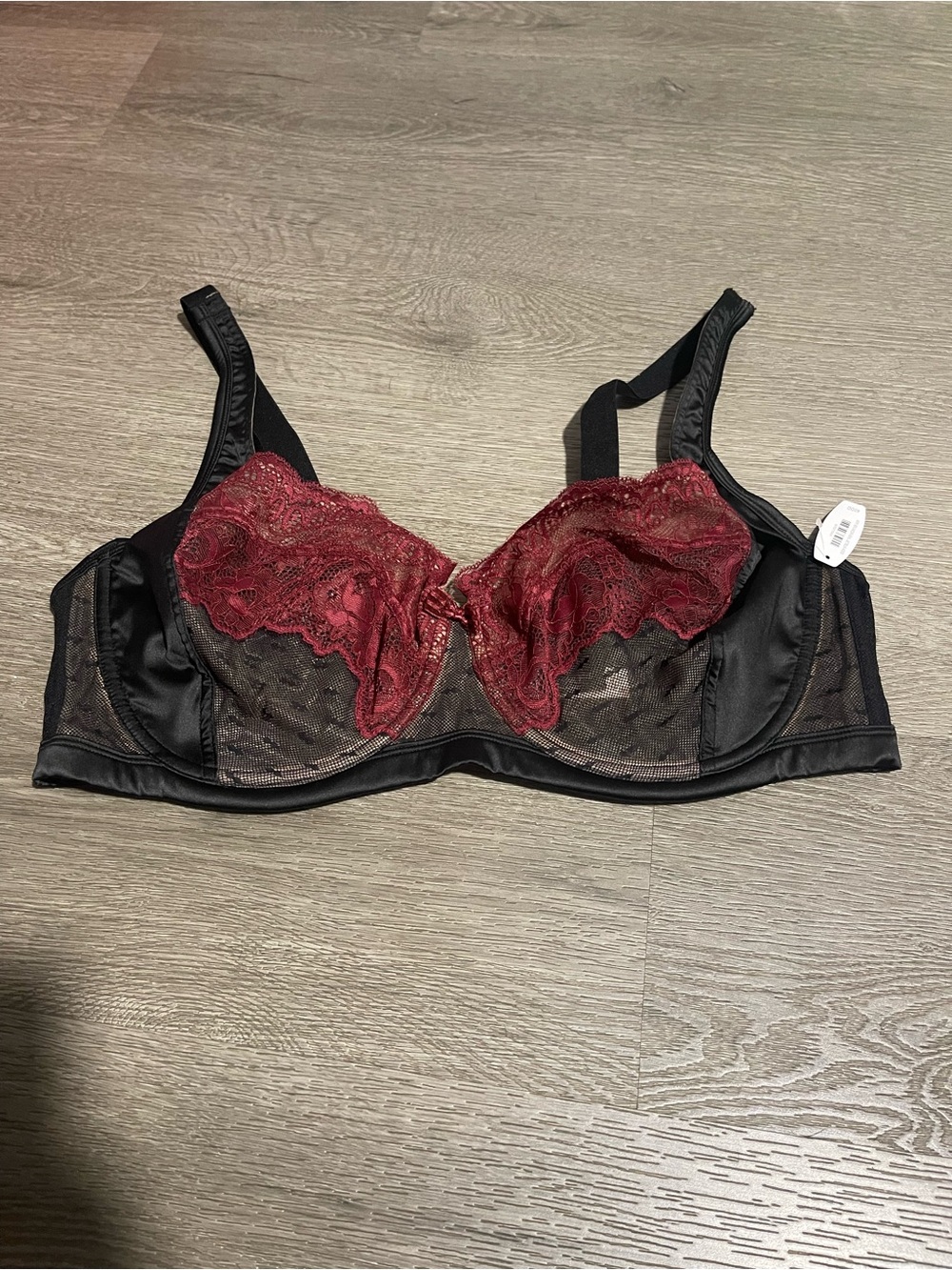Adore Me Burgundy Lace & Black Mesh Underwire Bra